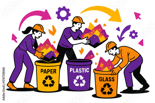 Efficient Waste Sorting. Waste sorting. Workers in helmets separating glowing piles of mining debris into