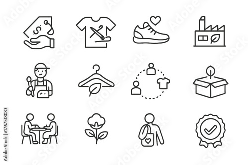 Ethical Fashion Icons. Ethical fashion. Line outline icon set of ethical fashion: fair wage tag, handmade