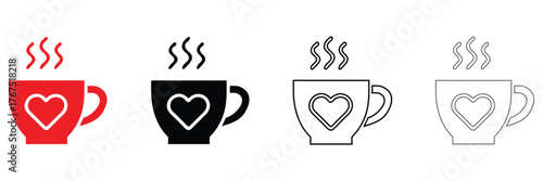 Coffee cup with steam vector icon set, hot coffee cup steam rising vector, silhouette and line art