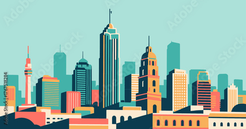 Colorful flat city skyline with modern and historic buildings under clear sky