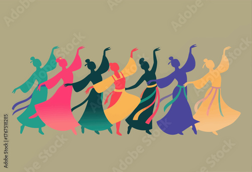 Colorful flat dancers in flowing robes, joyful movement, isolated on neutral background