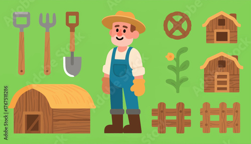 Colorful farmer character with garden tools and barns, flat design, isolated