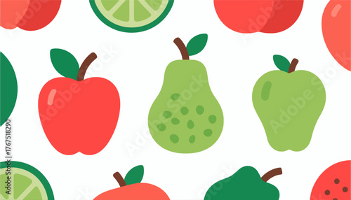 Colorful flat fruit pattern with apples pears and lime slices on white background