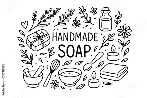 Handmade Soap Doodle. Handmade Soap. Hand-drawn doodle illustration of Handmade Soap. soap bar, lavender,