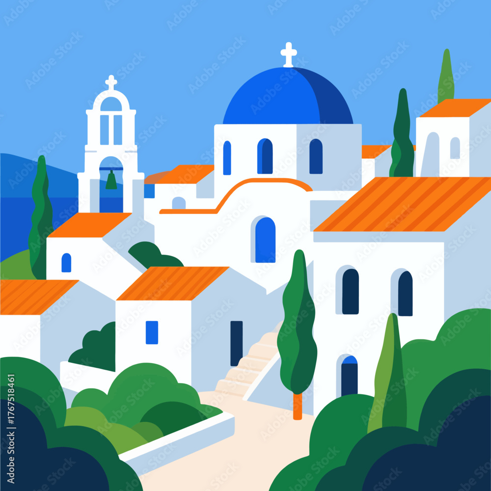 Naklejka premium Colorful Greek village with blue domes and orange roofs, flat illustration