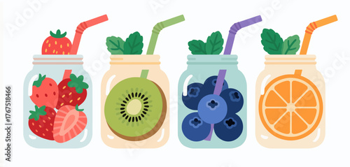 Colorful fruit smoothies in jars with straws and mint, flat style isolated