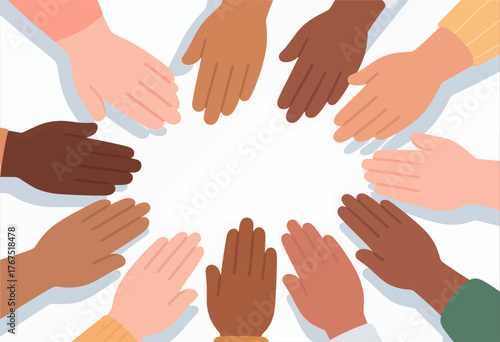 Colorful hands forming circle, diverse unity symbol, flat vector illustration