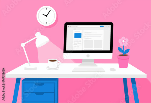 Colorful minimalist desk setup with computer, lamp, clock, and flower