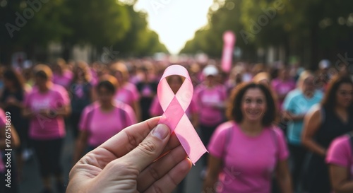 Hand holding pink ribbon at breast cancer awareness event. Crowd of people participating in charity walk for cure. Community support and hope concept