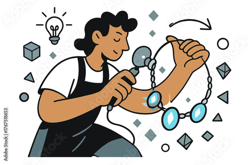 Creative Jewelry Crafting. Handmade jewelry. A craftsman polishing a necklace with glowing gems and floating