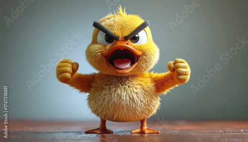 Cartoon chick flexing its fists with an angry expression, standing on a wooden surface.