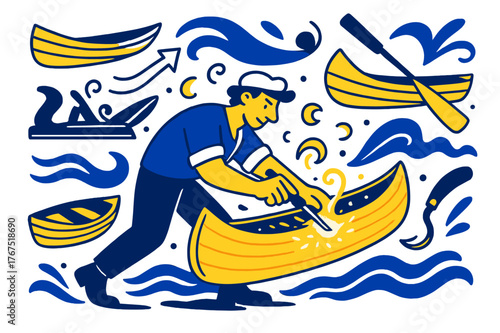 Artisan Wooden Canoe Craft. Handcrafted wooden boats and canoes. A craftsman carving a glowing wooden canoe