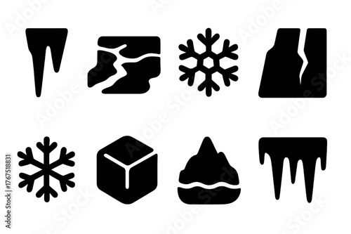 Frozen Water Icons. Frozen water. Filled icon set of Frozen water: icicle, frozen river, frost, glacier crack,