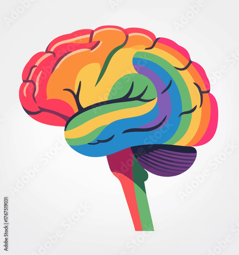 Colorful rainbow brain illustration in flat vector style isolated on white