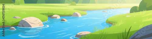 Colorful river flowing through green landscape with rocks, flat cartoon style