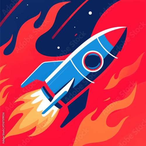 Colorful rocket ship launching into space with fiery trail, flat design illustration