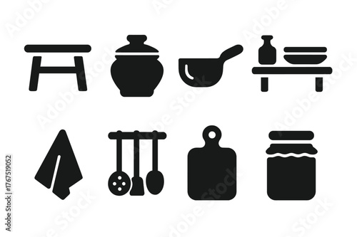 Rustic Kitchen Icons. Rustic kitchen elements. Filled icon set of rustic kitchen elements: wooden table, clay