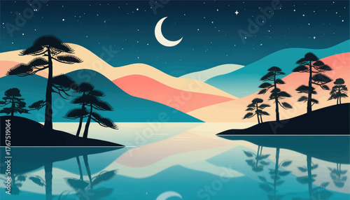 Colorful night landscape with crescent moon stars and pine trees reflected in water