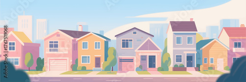 Colorful suburban houses row, flat cartoon style, neighborhood street view