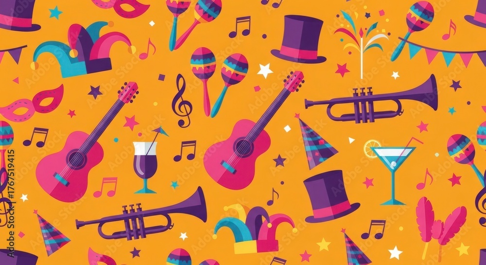 Obraz premium Festive party icons & symbols scattered on orange backdrop