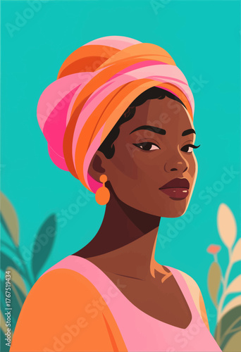 Colorful woman with turban portrait, vibrant tropical background, flat vector art