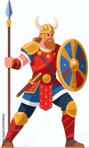 Colorful viking warrior with horned helmet, spear and shield, flat cartoon style, isolated