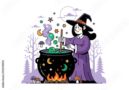 Cartoon Witch Stirring Potion in Cauldron with Fire and Stars.