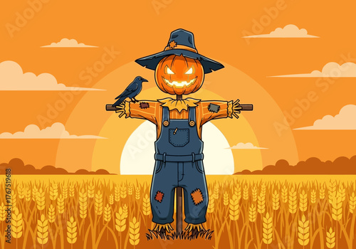Halloween Scarecrow with Pumpkin Head and Crow in Field.