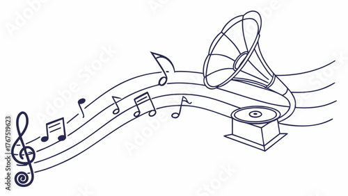 Vintage gramophone plays beautiful melodies with musical notes flowing dynamically across the screen, evoking nostalgia and classic sound.