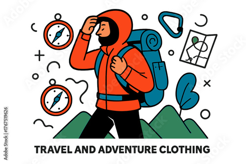 Adventure Gear Ready. Travel and Adventure Clothing. A hiker adjusts a lightweight jacket and multipurpose