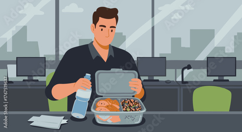 Office worker enjoying a healthy packed lunch at his desk with a bottle of water