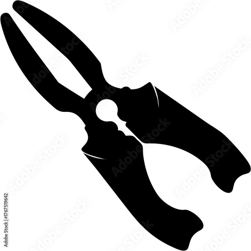 Professional black silhouette of garden shears ready for precise cutting, symbolizing gardening and landscaping tasks.