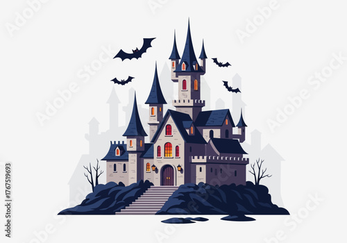 Spooky Halloween Castle with Bats and Stone Steps Illustration.