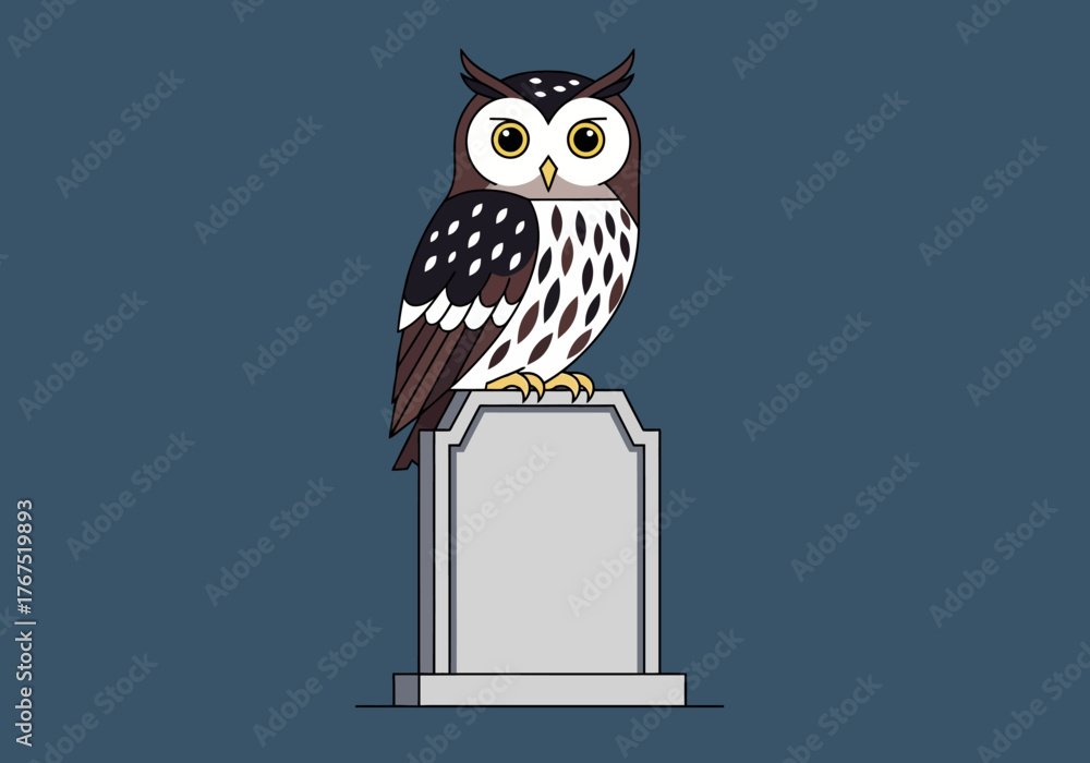 Obraz premium Cartoon Owl Perched on a Gray Tombstone Isolated on Blue Background.