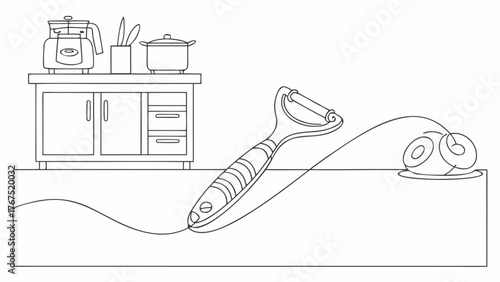 Dynamic kitchen scene featuring a peeler preparing fresh fruit on a countertop with appliances and cookware
