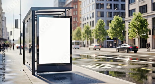 Blank Billboard Advertisement Mockup Integrated into a Modern City Bus Stop Shelter