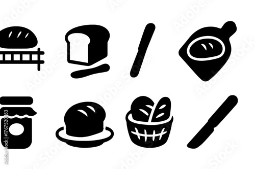 Bread Cooling Icons. Bread cooling and serving. Filled icon set of bread cooling and serving: cooling rack,