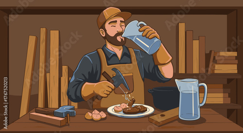 Carpenter's Refreshment A Hardworking Man Enjoys a Quick Break