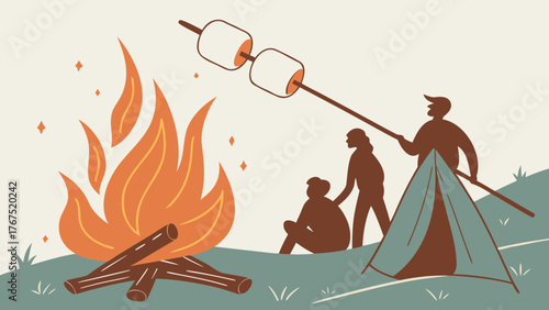 Joyful family roasting marshmallows over a crackling campfire beside their cozy tent, creating cherished outdoor memories under the starry night sky