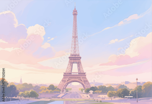 Eiffel Tower vector illustration, pastel sky, romantic Parisian scenery, soft watercolor style