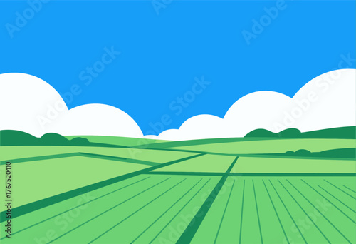 Flat green farmland landscape under blue sky with white clouds, minimal style