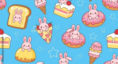 Cute pattern of bunnies in sweets, on a blue background with white stars