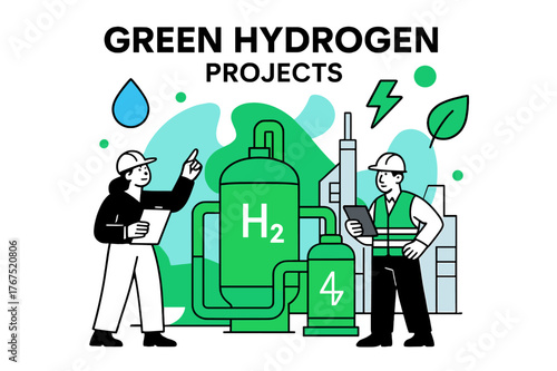 Futuristic Green Hydrogen. Green Hydrogen Projects. Engineers inspect futuristic plants with glowing green