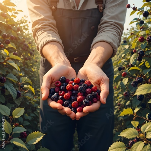 Close-up of a farmer holding a handful of freshly picked mixed berries in a sunlit field, symbolizing organic farming, freshness, and the natural beauty of healthy seasonal produce.