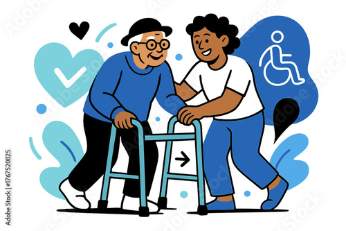 Caring with Dignity. Aging with disabilities. An elderly person using a mobility aid and smiling while a