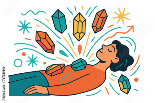 Floating Crystals Aura. Crystal healing. A character lying peacefully while glowing crystals float around