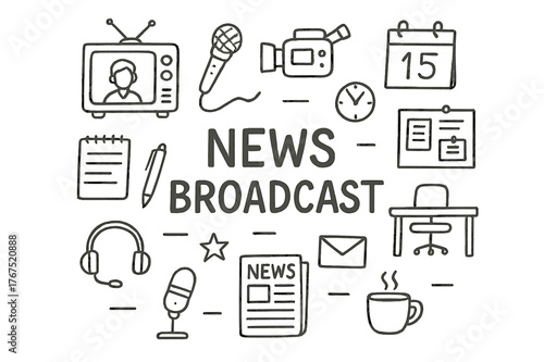 News Broadcast Doodle. News Broadcast. Hand-drawn doodle illustration of News Broadcast. TV screen, microphone