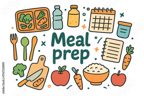 Colorful Meal Prep Doodles. Meal prep. Hand-drawn doodle illustration of Meal prep. Lunchbox, container,