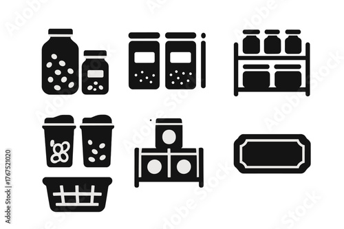 Pantry Icon Set. Pantry organization. Filled icon set of pantry organization: food jars, labeled containers,