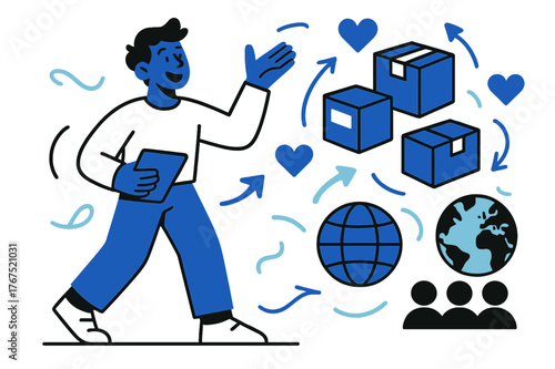 Digital Storyteller Scene. Brand storytelling. A virtual character standing in front of floating product boxes